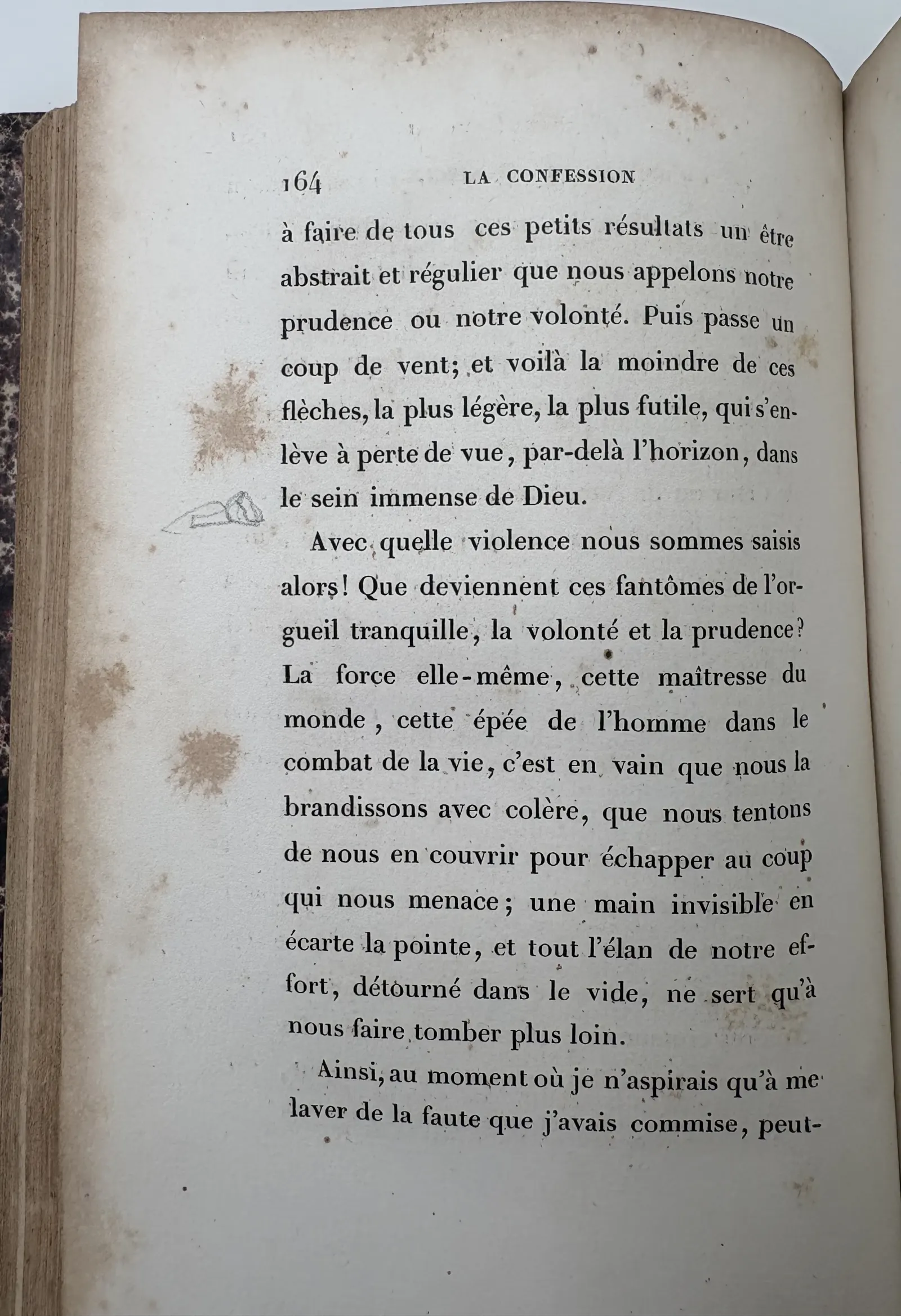 p. 164 — dessin / signe au crayon, marge gauche.
