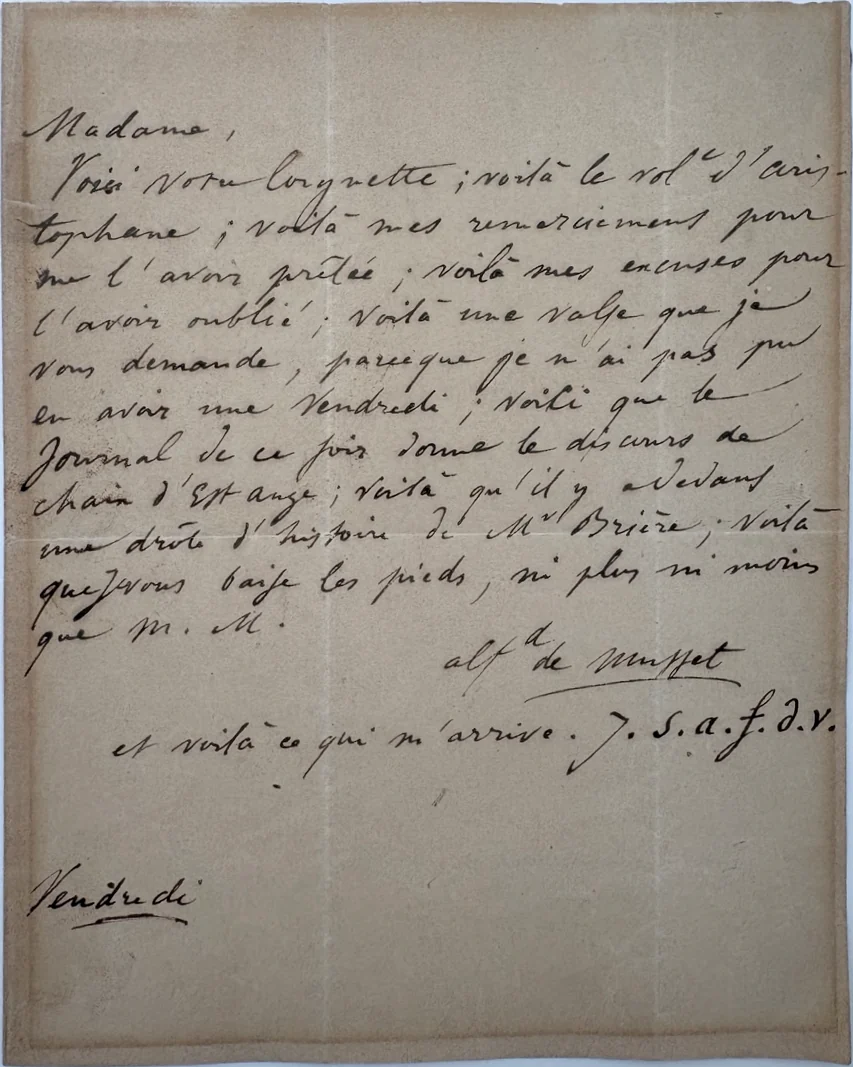 Lettre autographe signée à Madame Jaubert, s.d. [circa 1839], Collection Réhahn.